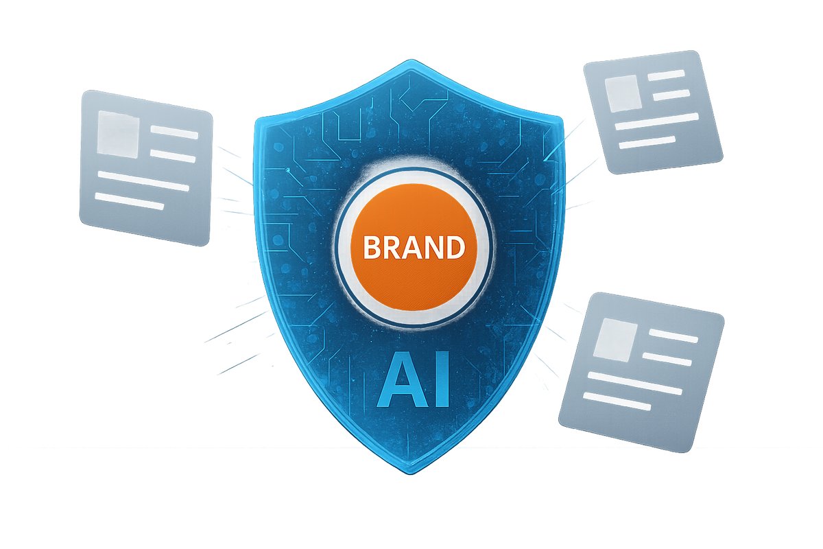 A modern illustration showing an AI-powered shield with blue circuits protecting a central brand logo, symbolizing how technology can maintain brand voice integrity while scaling content.