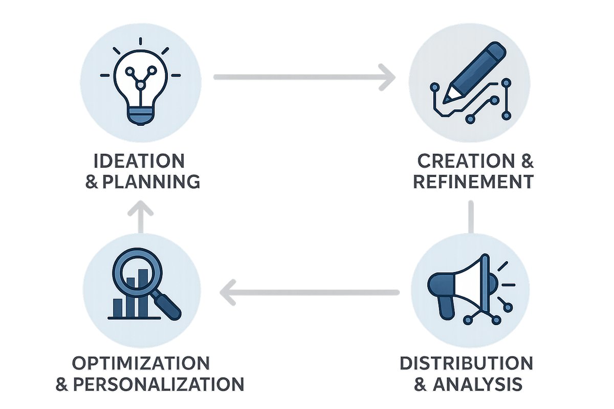 Infographic flowchart showing the 4 stages of the hybrid AI-human content engine: AI-powered ideation, AI-assisted creation, AI-driven optimization, and AI-enhanced distribution.