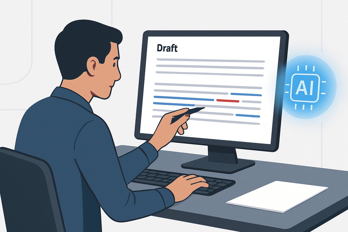 An illustration of a person editing a document on a computer, with an abstract AI assistant icon nearby, representing the human-in-the-loop workflow for SEO content optimization.
