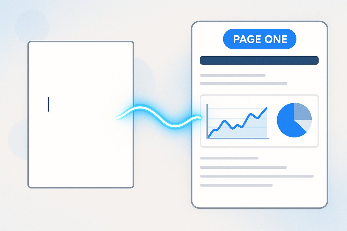 A modern illustration showing a blank page transforming into a top-ranking webpage, symbolizing the journey of AI-assisted SEO content creation with a professional blue color scheme.