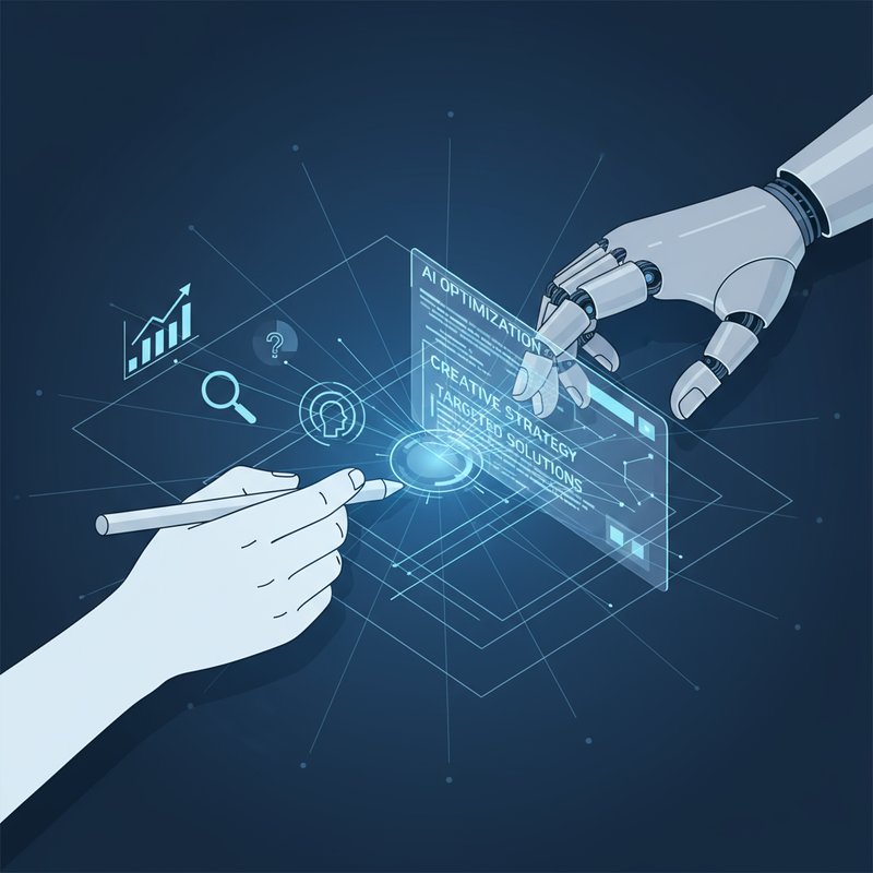A modern illustration of a human hand and a robot hand collaborating on a digital blueprint, representing a research-driven AI content strategy for SEO.