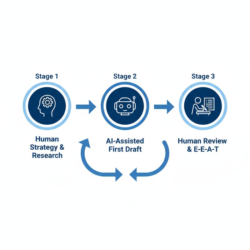 A flowchart showing the three stages of the research-driven AI framework: Human Strategy, AI-Assisted Drafting, and Human Review to add E-E-A-T.