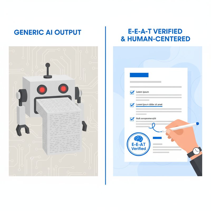A before-and-after illustration comparing a generic AI draft to a final, human-edited document that is fact-checked and enriched with experience (E-E-A-T).