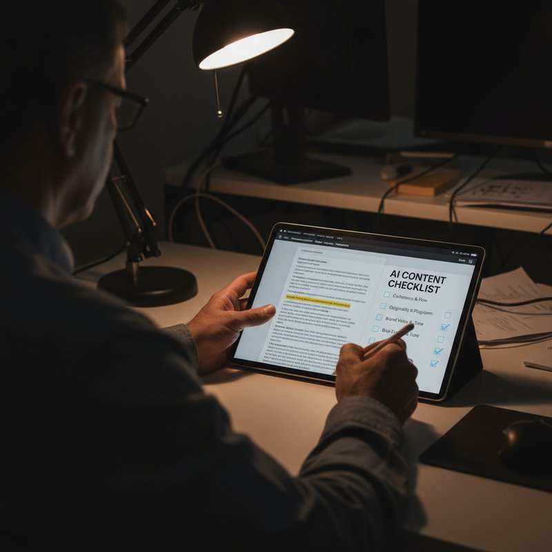 An editor reviewing AI content against a quality checklist on a tablet. This image represents the human refinement and E-E-A-T verification step in the content scaling process.