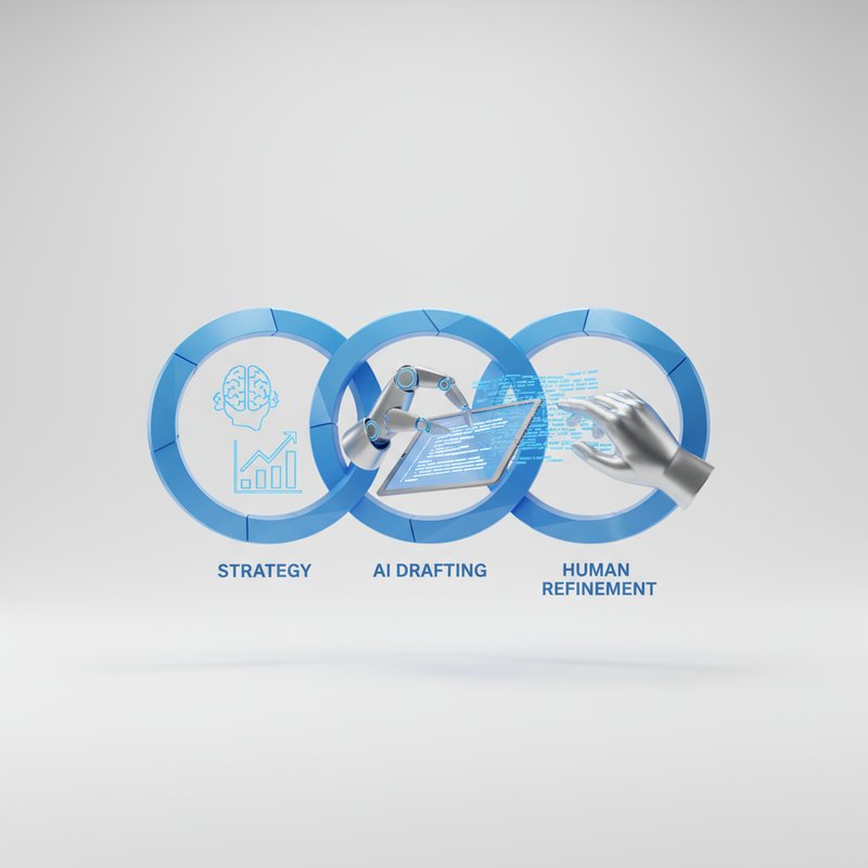 A 3D illustration of the three stages of the Hybrid Agency Blueprint: Human-Led Strategy, AI-Assisted Drafting, and Human Refinement. The visual style is modern and clean with blue accents.