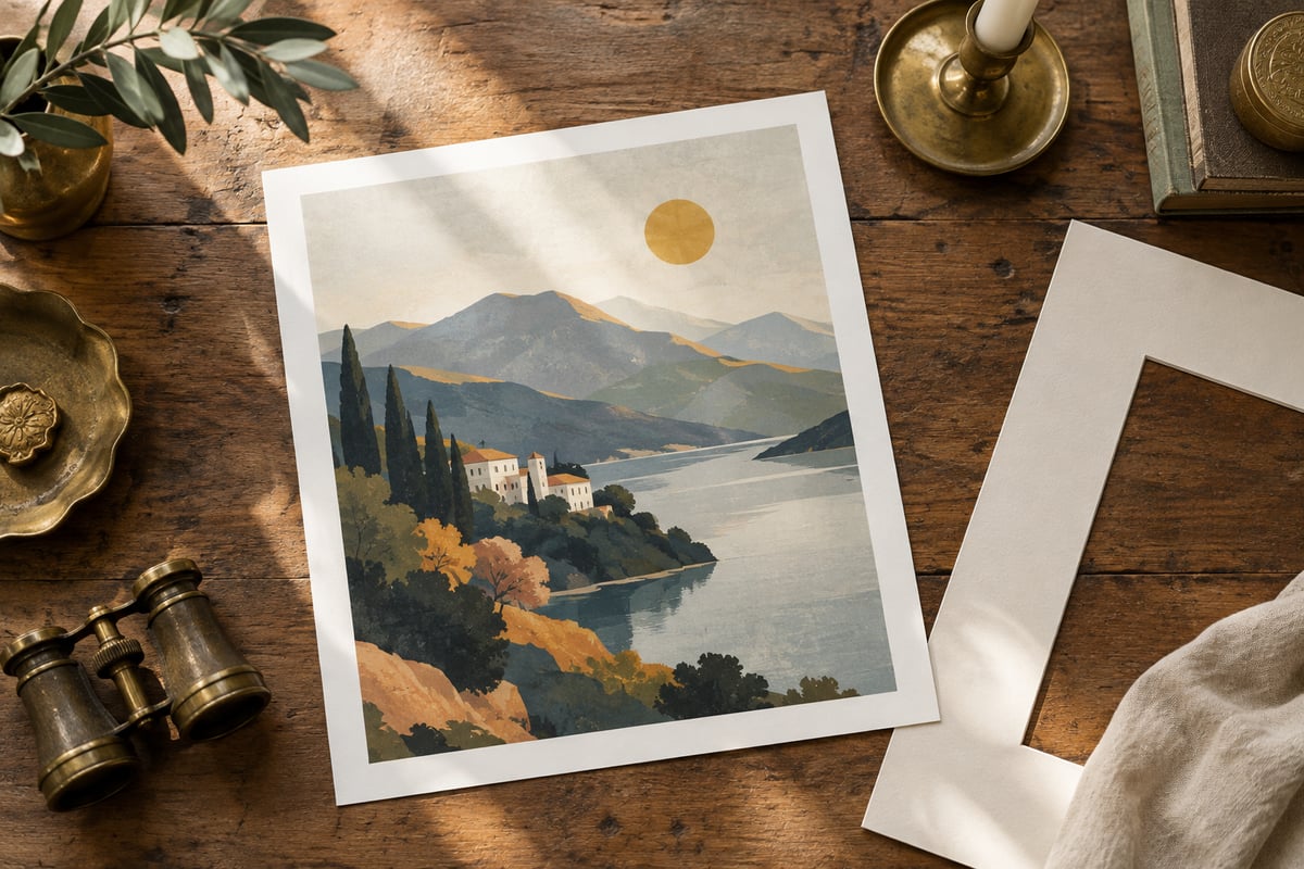 Modern digital art print styled with rustic decor and mat board on a wooden table