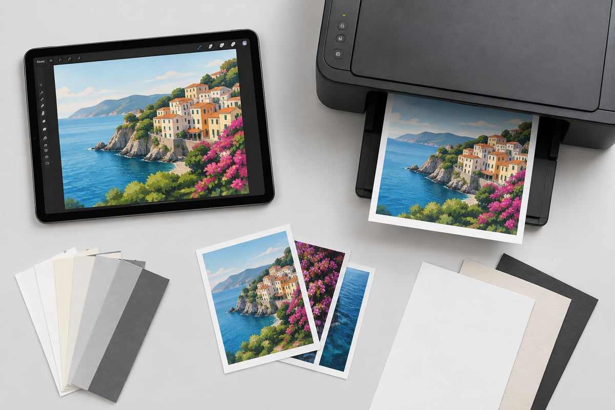 Digital art printing setup with a tablet and high quality paper for home printing