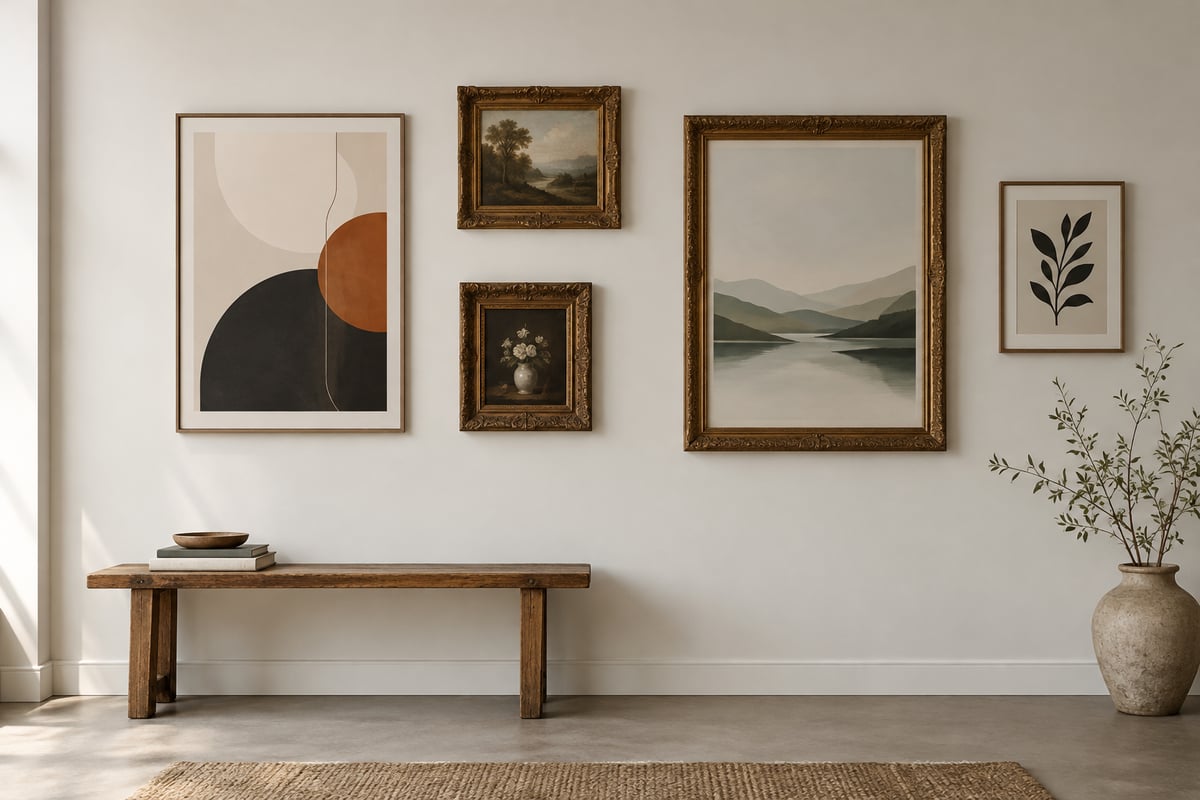 Gallery wall showcasing digital art prints mixed with antique frames in a living room